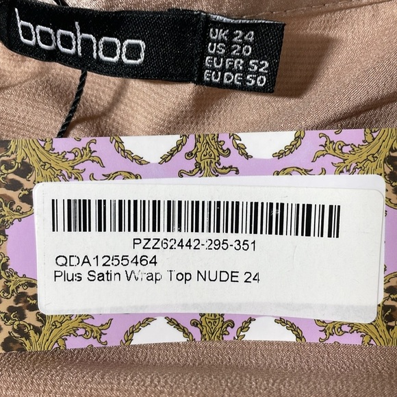 NWT Boohoo Satin Wrap Top Long Sleeve Blouse Nude 20 - Picture 3 of 16